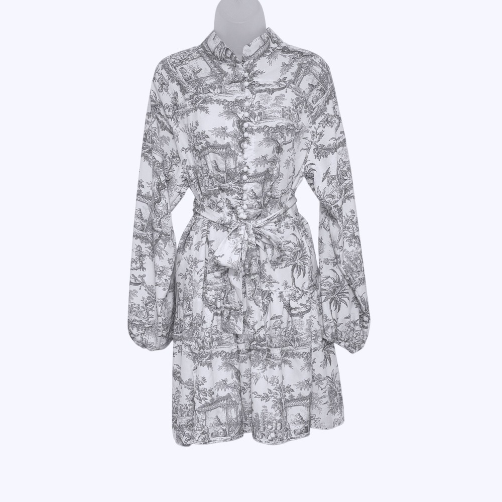 Boutique Toile de Jouy Mini Dress White Gray Chinoiserie Balloon Sleeve Sz. M